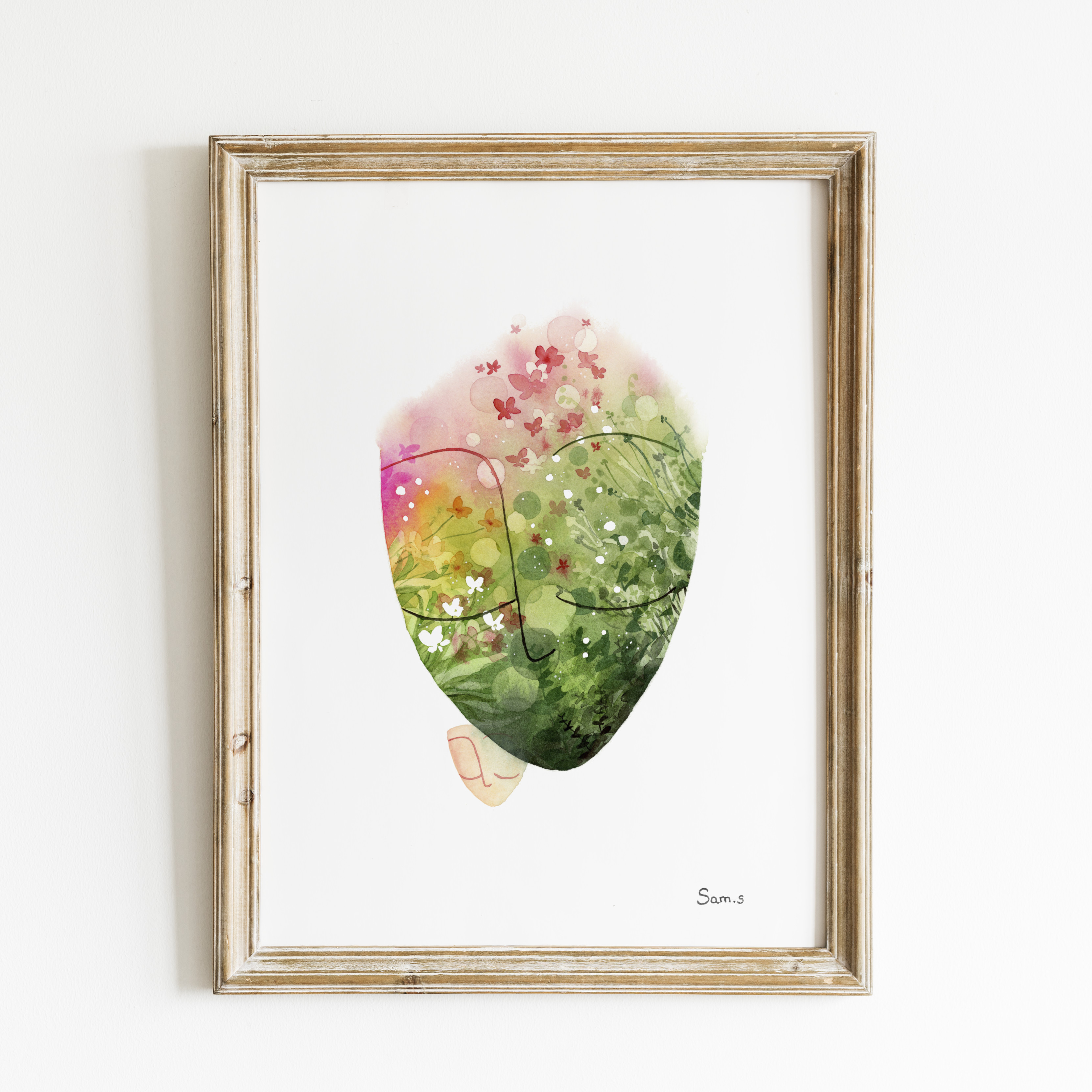 Aquarelle originale Jardin secret 1 : visage entouré d'un jardin de fleurs